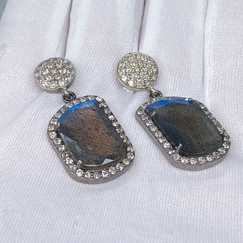 Adornia Fine Black Rhodium Sterling Silver Labradorite Diamond Drop Earrings - Picture 2 of 15